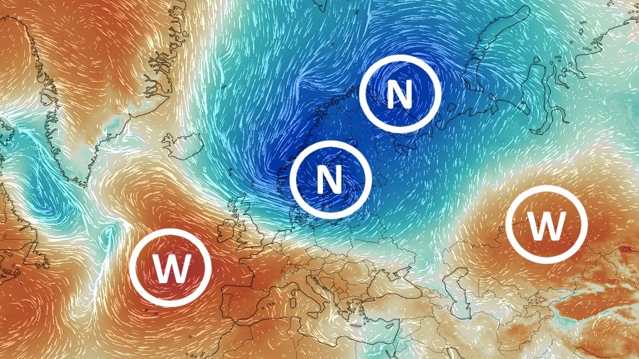Rozkład niżów i wyżów nad Europą prognozowany na poniedziałek. Fot. Windy.com