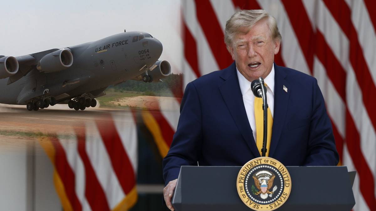 Donald Trump przemawia za m&oacute;wnicą z godłem prezydenckim na tle amerykańskich flag, a w tle widoczny jest startujący samolot wojskowy.