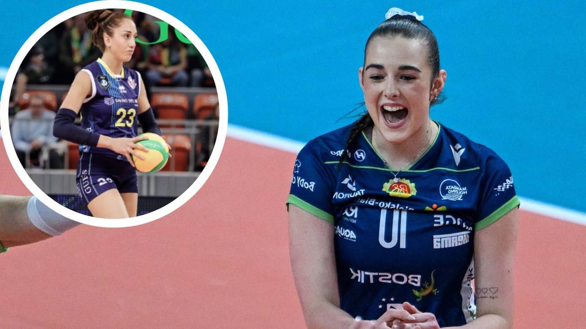 Kobieta grająca w siatk&oacute;wkę, zbliżenie na twarz, w tle mniejsze zdjęcie tej samej zawodniczki z piłką.