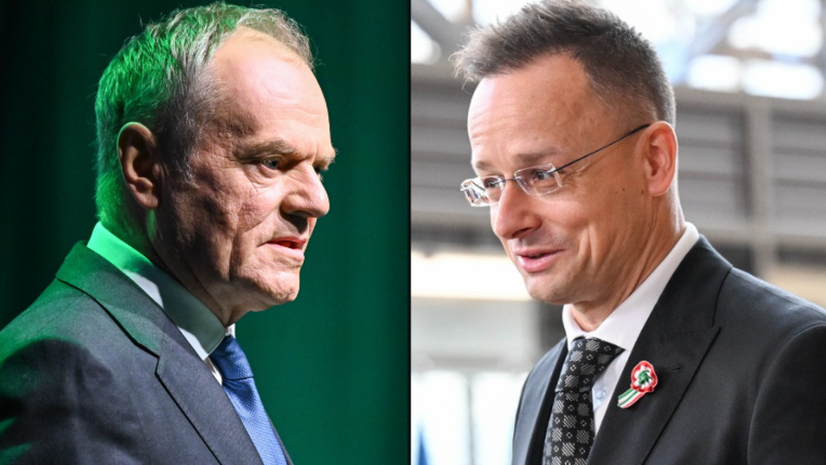 Zdjęcie przedstawia sylwetki dw&oacute;ch polityk&oacute;w, Donalda Tuska i Petera Szijjarto.