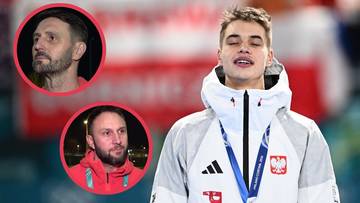 Portret młodego polskiego panczenisty z medalem olimpijskim na szyi, z dwoma innymi portretami w tle.