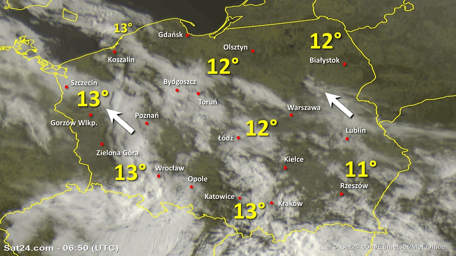 Zdjęcie satelitarne Polski w dniu 24 kwietnia 2019 o godzinie 8:50. Dane: Sat24.com / Eumetsat.