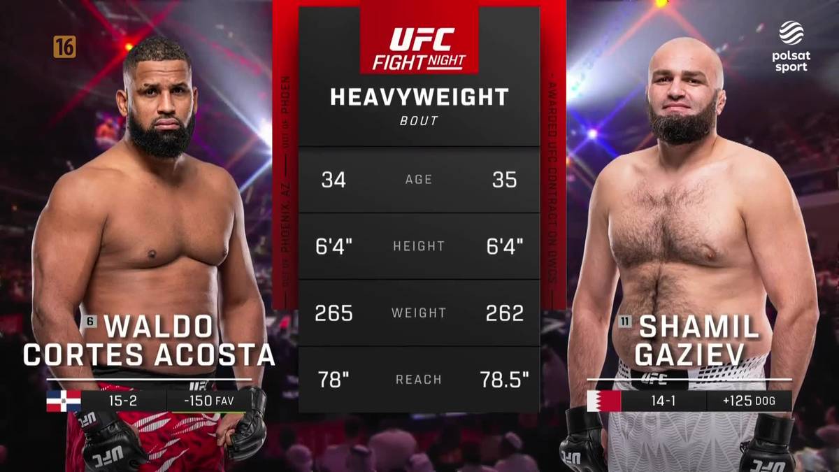 Dwóch zawodników MMA, Waldo Cortes-Acosta i Shamil Gaziev, stoi po przeciwnych stronach ekranu. Pomiędzy nimi wyświetlana jest tabela z ich statystykami: wiek, wzrost, waga i zasięg.