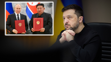 Władimir Putin i Kim Dzong Un trzymają dokumenty, obok portret Wołodymyra Zełenskiego.