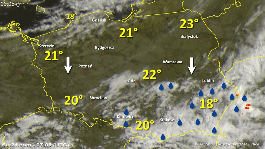 Zdjęcie satelitarne Polski w dniu 29 czerwca 2018 o godzinie 9:05. Dane: Sat24.com / Eumetsat.