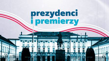 Pałac Prezydencki w Warszawie z pomnikiem konnym na pierwszym planie. Na niebie widoczne są biało-czerwone fale i napis "prezydenci i premierzy".
