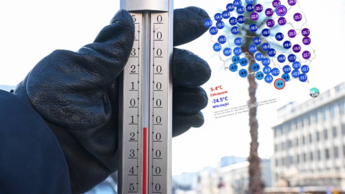 Ręka w zimowej rękawicy trzyma termometr pokazujący ujemną temperaturę. W tle widoczny jest stylizowany obraz drzewa z kropkami symbolizującymi temperatury.