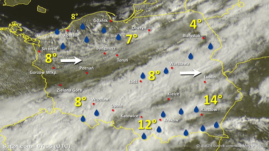 Zdjęcie satelitarne Polski w dniu 3 maja 2019 o godzinie 7:35. Dane: Sat24.com / Eumetsat.