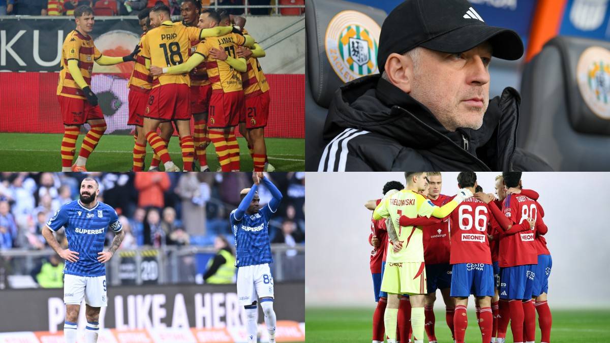 Kolaż czterech zdjęć z meczu piłki nożnej: drużyna w żółto-czerwonych strojach świętująca, trener w czapce, piłkarz w niebieskim stroju na boisku, drużyna w czerwonych strojach.