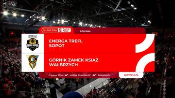 Plansza informacyjna z wynikiem meczu koszykówki pomiędzy ENERGA TREFL SOPOT a GÓRNIK ZAMKU KSIĄŻ WAŁBRZYCH.