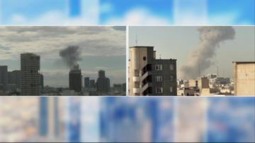 Dwa obrazy przedstawiające dym unoszący się nad miejskim krajobrazem.