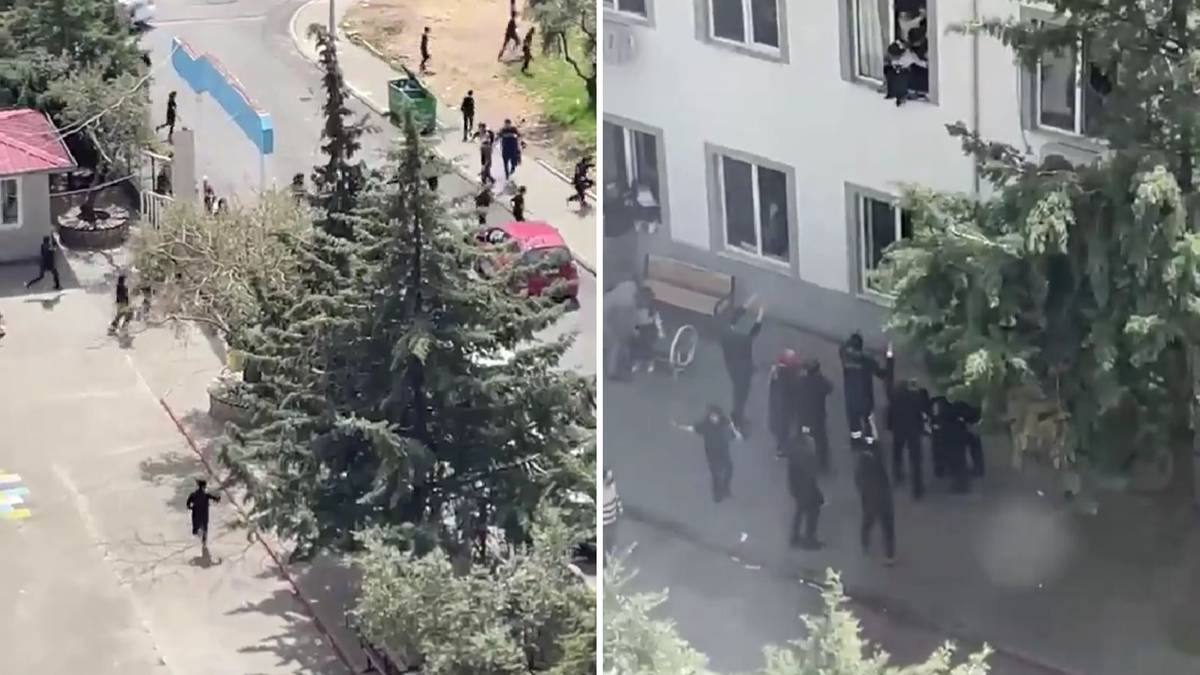 Fragmenty nagrań z miejsca zdarzenia przedstawiające ewakuację i osoby w pobliżu budynku szkoły w Turcji po strzelaninie.