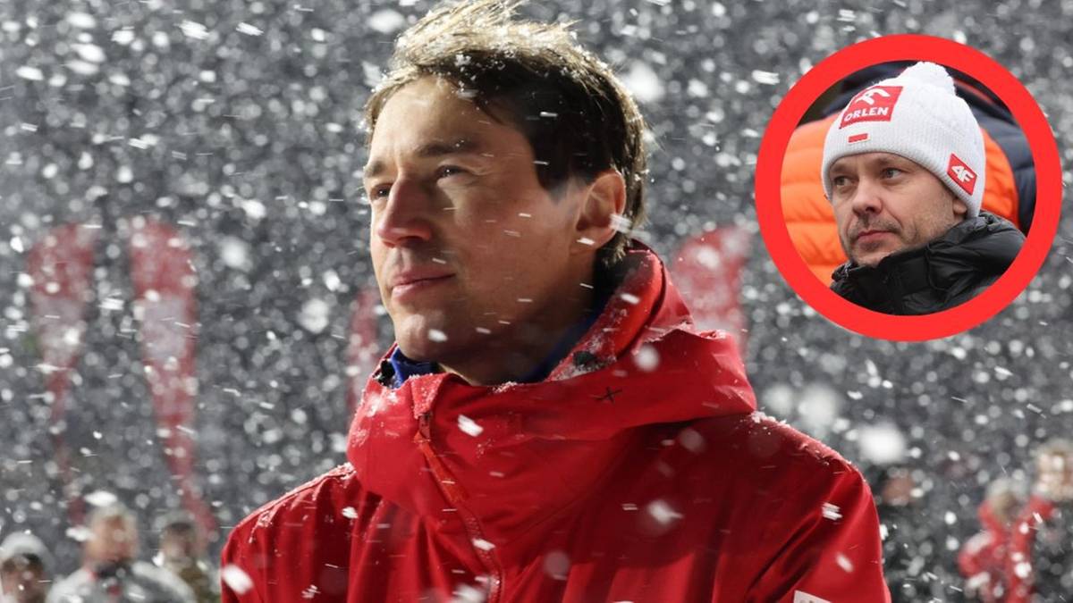 Portret Kamila Stocha podczas ceremonii pożegnania z Wielką Krokwią, w tle opady śniegu. W prawym górnym rogu zdjęcie Adama Małysza.