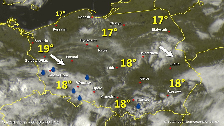 Zdjęcie satelitarne Polski w dniu 3 sierpnia 2019 o godzinie 9:05. Dane: Sat24.com / Eumetsat.