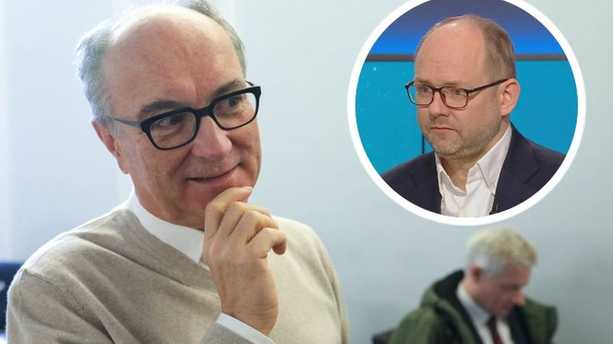 Portret starszego mężczyzny w okularach i mniejszy portret drugiego mężczyzny w okularach.