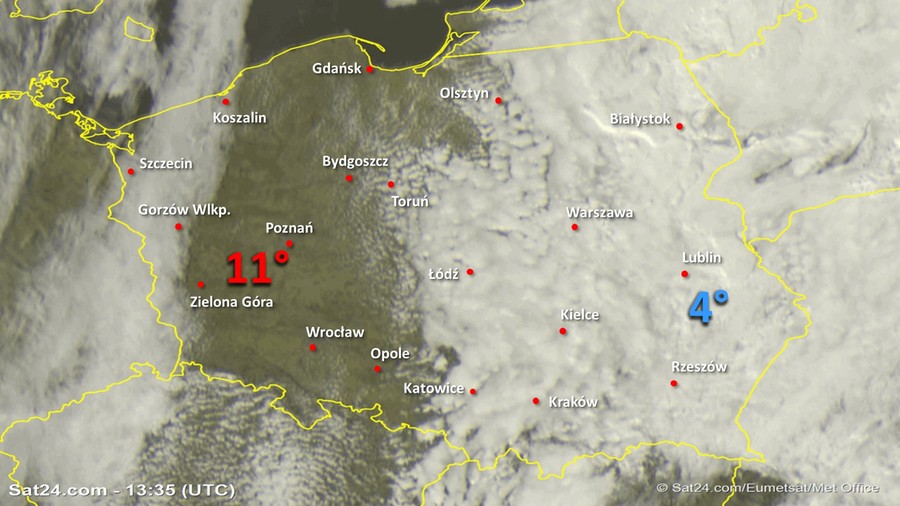 Zdjęcie satelitarne Polski w dniu 8 marca 2020 o godzinie 14:35. Dane: Sat24.com / Eumetsat.