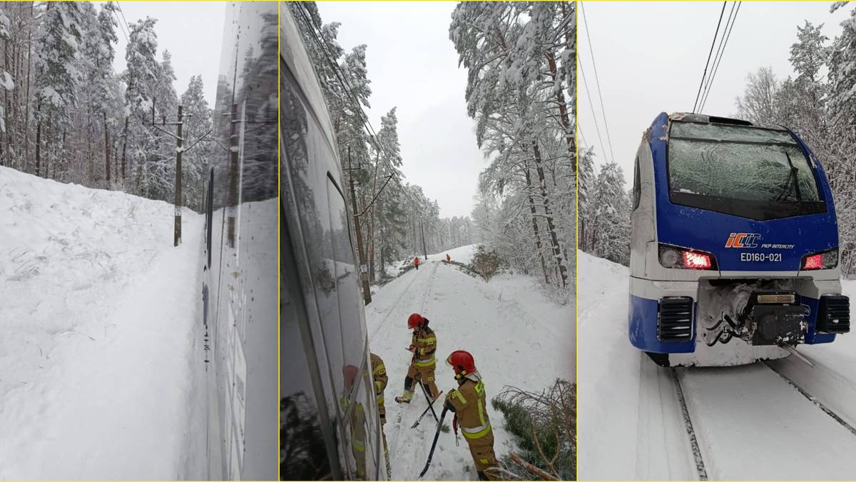 Trzy zdjęcia przedstawiające zimowy krajobraz z linią kolejową. Lewe zdjęcie pokazuje zasypaną śniegiem ścieżkę obok tor&oacute;w. Środkowe zdjęcie ukazuje dw&oacute;ch strażak&oacute;w w ż&oacute;łtych kurtkach i czerwonych kaskach, pracujących przy powalonym drzewie na torach kolejowych. Prawe zdjęcie pokazuje prz&oacute;d niebiesko-białego pociągu PKP Intercity na ośnieżonych torach.