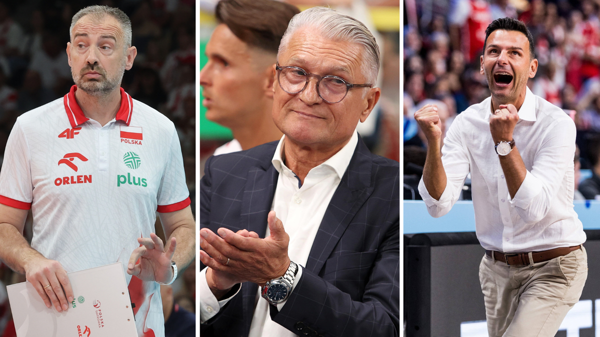 Trzech mężczyzn w strojach sportowych lub garniturach, prawdopodobnie trenerów, podczas wydarzenia sportowego.