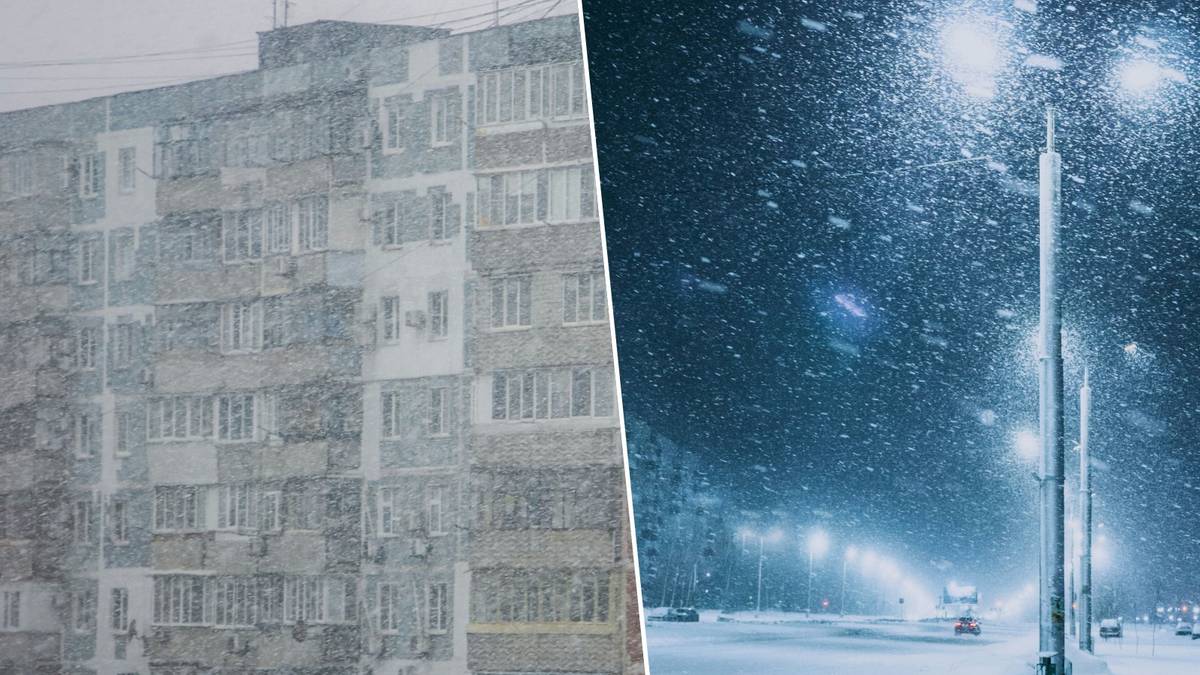 Widok bloku mieszkalnego podczas intensywnych opadów śniegu oraz nocna ulica z latarniami w trakcie zamieci śnieżnej.