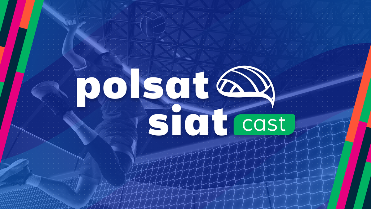 Grafika promocyjna "polsat siatcast" z sylwetką siatkarki w akcji, na tle siatki i piłki do siatk&oacute;wki.