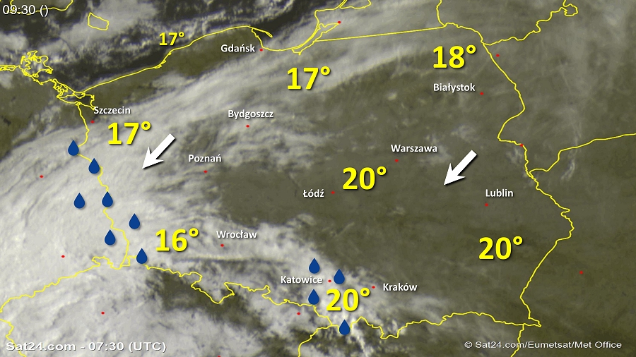 Zdjęcie satelitarne Polski w dniu 2 września 2018 o godzinie 8:35. Dane: Sat24.com / Eumetsat.