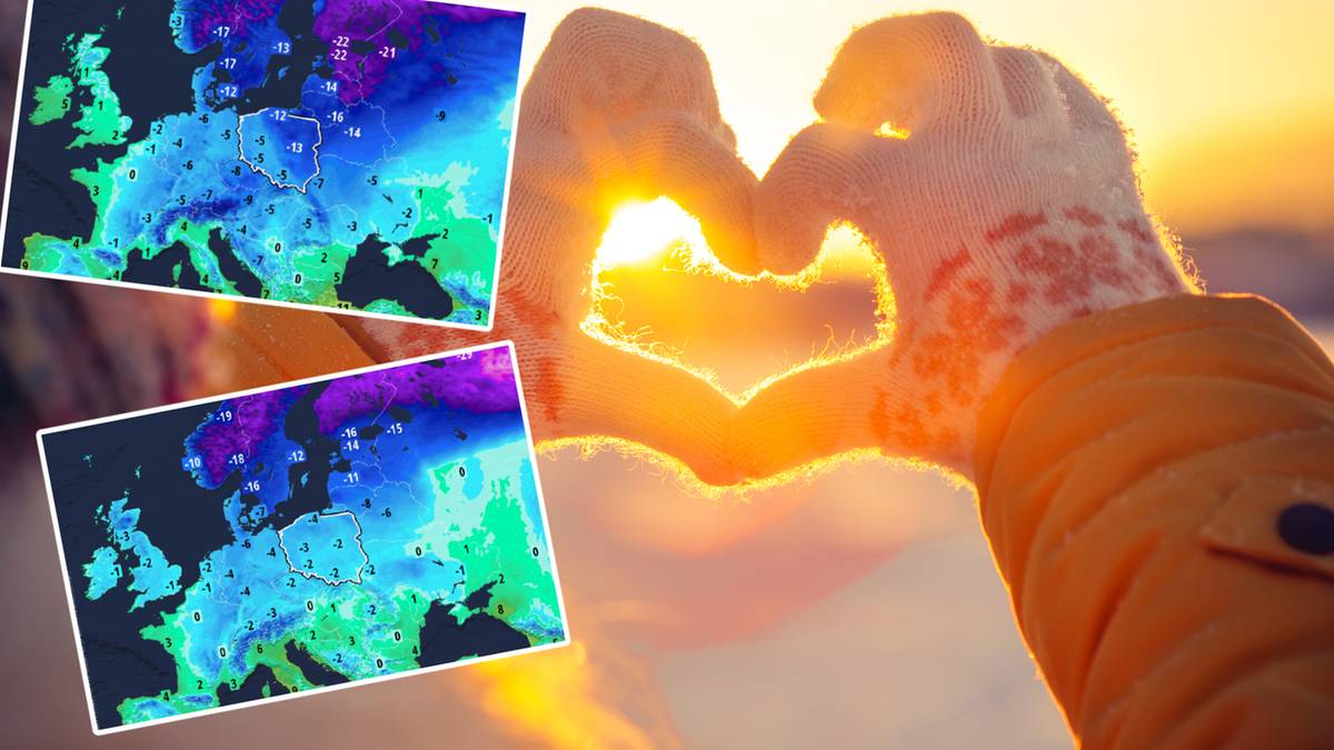 Dłonie w rękawiczkach tworzące serce na tle zachodzącego słońca, z mapami prognozy pogody po lewej stronie.