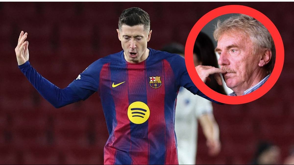 Piłkarz Robert Lewandowski w koszulce Barcelony i zdjęcie Zbigniewa Bońka w okręgu.