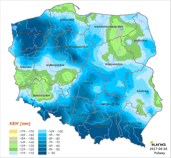 Wskaźnik Klimatycznego Bilansu Wodnego w okresie 21 kwietnia - 20 czerwca 2017. Dane: IUNG.