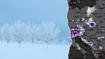 Po lewej stronie obrazu widoczny jest zimowy krajobraz z ośnieżonymi drzewami na tle jasnoniebieskiego nieba. Po prawej stronie znajduje się fragment mapy Europy z zaznaczonymi obszarami opadów śniegu, szczególnie widocznymi nad Polską i Europą Środkową.