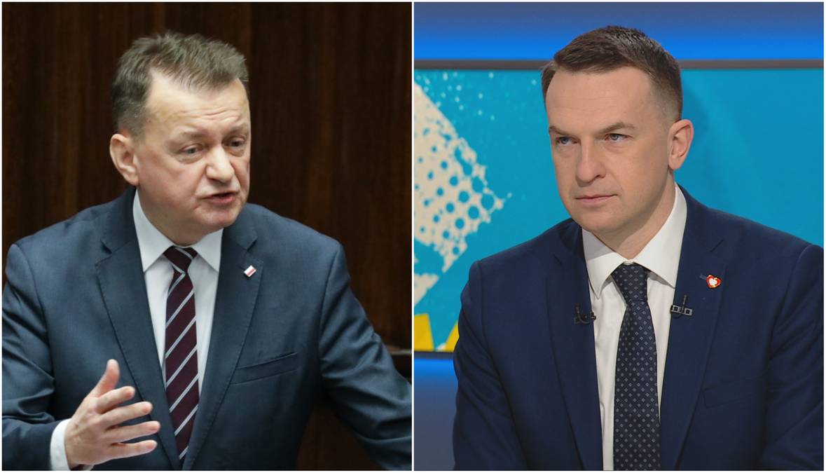 Dwa portrety polityk&oacute;w w garniturach, jeden m&oacute;wi, drugi patrzy przed siebie.