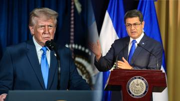 Dwa zdjęcia polityków, po lewej Donald Trump przemawia do mikrofonu, po prawej Juan Orlando Hernandez przemawia za mównicą.