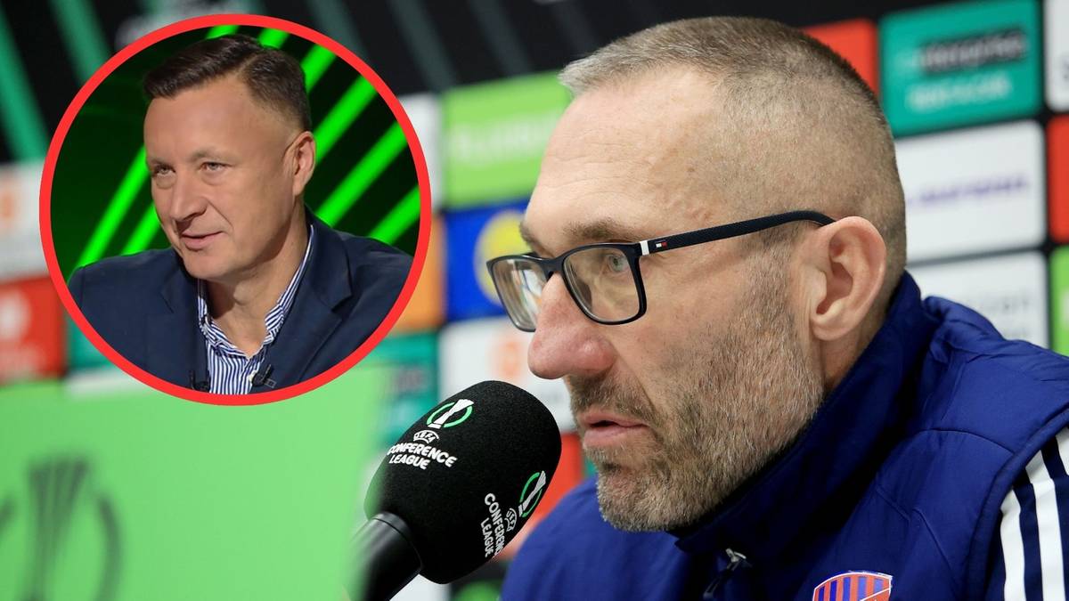 Dwaj mężczyźni, jeden mówiący do mikrofonu, drugi widoczny w okrągłym kadrze.