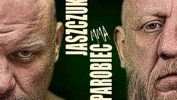 Dwa zbliżenia na twarze mężczyzn, z pionowym zielonym pasem pośrodku z napisami 'JASZCZUK' i 'PAROBIEC MMA'.