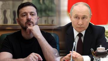 Wołodymyr Zełenski i Władimir Putin siedzą przy stołach, każdy w swoim kadrze.