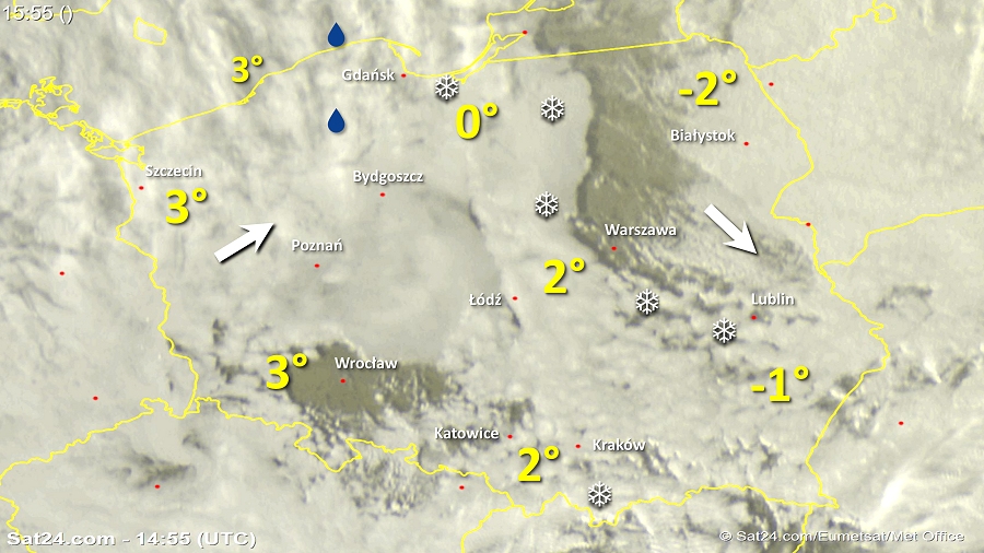 Zdjęcie satelitarne w dniu 18 lutego 2018 o godzinie 15:55. Dane: Sat24.com / Eumetsat.