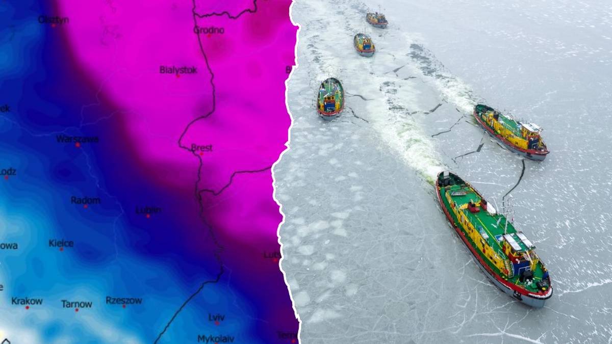 Mapa Polski z kolorami wskazującymi temperatury oraz zdjęcie lodowych holownik&oacute;w na zamarzniętej rzece.