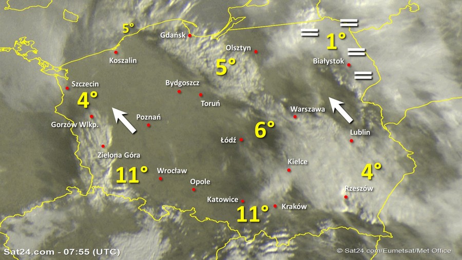 Zdjęcie satelitarne Polski w dniu 20 grudnia 2019 o godzinie 8:55. Dane: Sat24.com / Eumetsat.