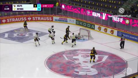 Skr&oacute;t meczu hokeja na lodzie między Kalpa a Brynas IF. Widok z g&oacute;ry na lodowisko z zawodnikami w akcji.