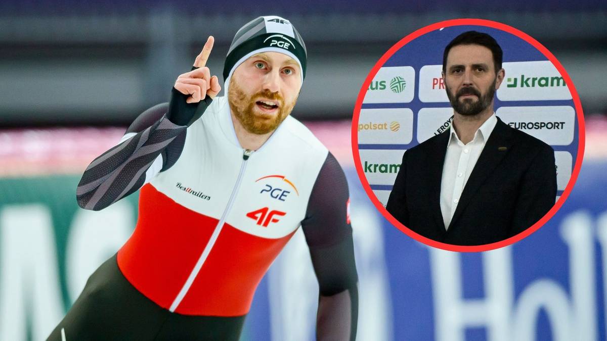 Łyżwiarz szybki w biało-czerwonym stroju sportowym z podniesionym palcem wskazującym, obok portret mężczyzny w garniturze.