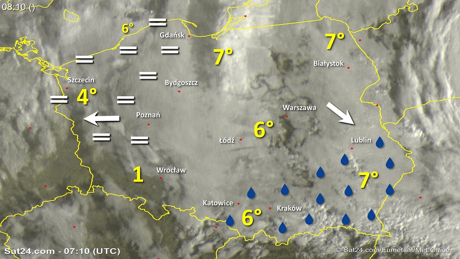 Zdjęcie satelitarne Polski w dniu 15 listopada 2018 o godzinie 8:10. Dane: Sat24.com / Eumetsat.