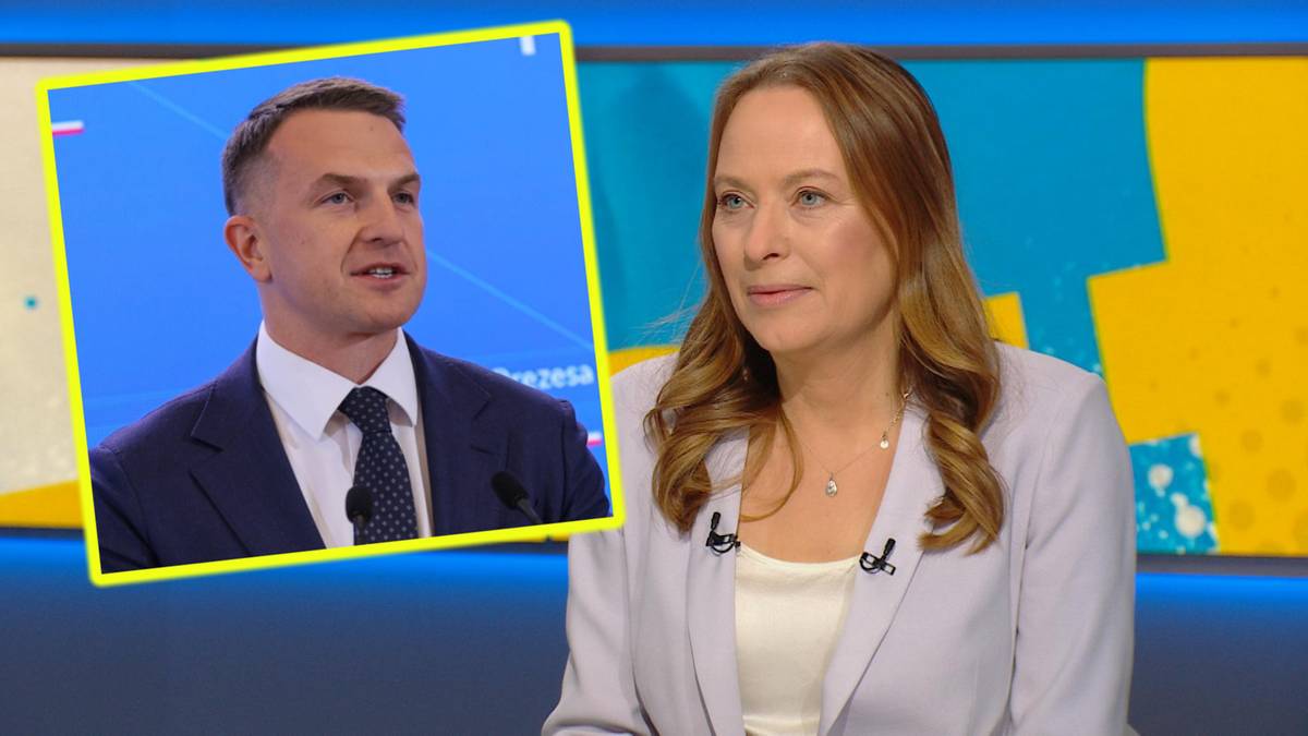 Mężczyzna w garniturze i kobieta w jasnej marynarce w studiu telewizyjnym.