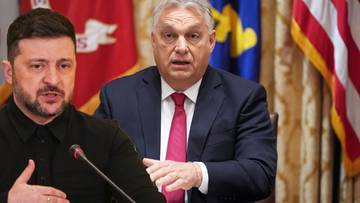 Wołodymyr Zełenski i Viktor Orban podczas rozmowy, na tle flag.