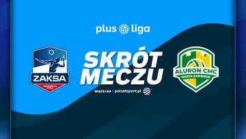 Logo ZAKSA Kędzierzyn-Koźle i Aluron CMC Warta Zawiercie obok napisu SKR&Oacute;T MECZU, na niebieskim tle z falami.