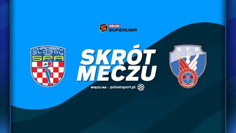 Grafika z herbami KGHM Chrobry Głogów i Zepter KPR Legionowo oraz napisem "SKRÓT MECZU".