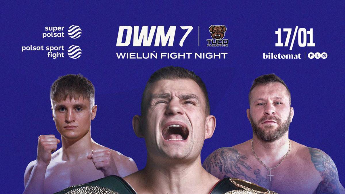 Plakat informujący o gali DWM 7 Wieluń Fight Night, przedstawiający trzech zawodnik&oacute;w sport&oacute;w walki i napisy "WAŻENIE", "KINO SYRENA, WIELUŃ - 16 STYCZNIA, 19:00".
