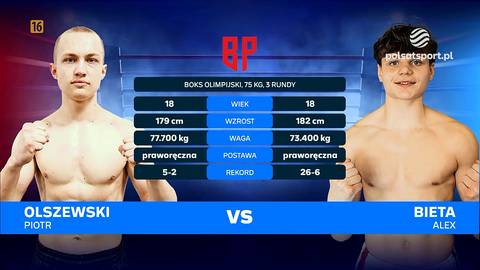 Dw&oacute;ch młodych mężczyzn, bokser&oacute;w, stoi naprzeciwko siebie na tle ekranu z danymi statystycznymi ich walki. Na ekranie widać por&oacute;wnanie ich wagi, wzrostu i rekord&oacute;w.