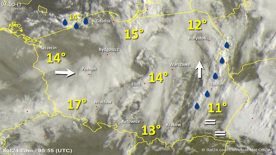 Zdjęcie satelitarne Polski w dniu 28 sierpnia 2018 o godzinie 7:55. Dane: Sat24.com / Eumetsat.