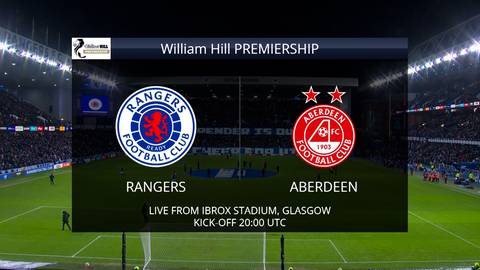 Wynik meczu piłkarskiego Rangers FC - Aberdeen FC, prezentujący logotypy obu drużyn, nazwy "RANGERS" i "ABERDEEN", informację o transmisji z Ibrox Stadium w Glasgow oraz godzinę rozpoczęcia 20:00 UTC.