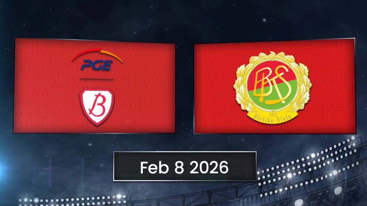 Dwa czerwone prostokąty z logotypami drużyn PGE Budowlani Ł&oacute;dź i BKS Bostik ZGO Bielsko-Biała, z datą "Feb 8 2026" na dole.