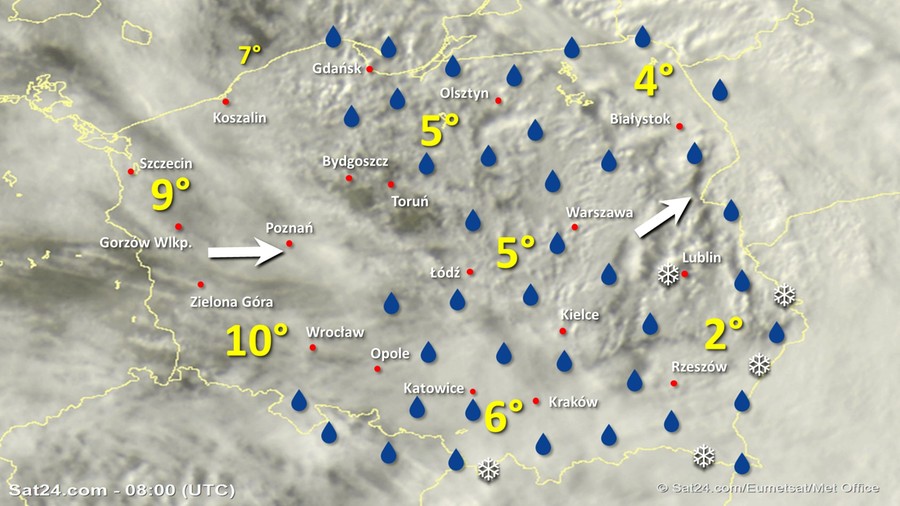 Zdjęcie satelitarne Polski w dniu 31 stycznia 2020 o godzinie 9:00. Dane: Sat24.com / Eumetsat.